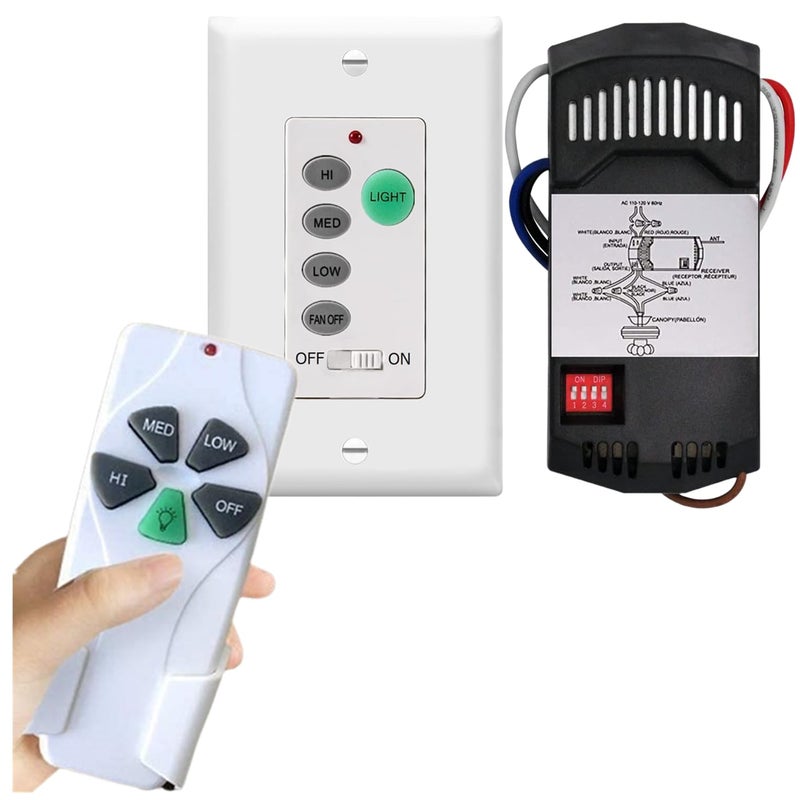 53T Universal Ceiling Fan Wall Remote Control, 3 Speed, Light Dimmer, 4-DIP Switch Compatible with Hampton Bay, Harbor Breeze, Hunter (Wall & Wireless Remote Kit) - Image 1